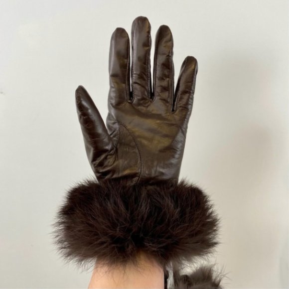 Leather Fur Gloves Large Rabbit Trim Short Brown - Picture 6 of 12